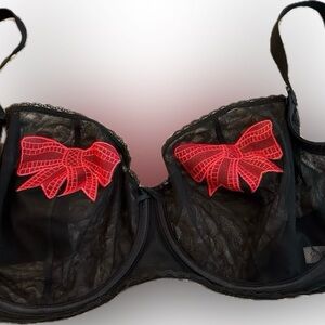 Cacique Black with Red Bows Balconette Mesh Bra with Underwire 46DD